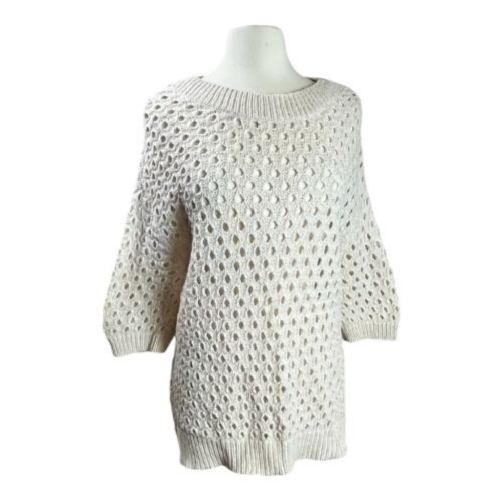 Ann Taylor Sweater L Ivory Open-Knit Top Extra Fine Merino Wool Alpaca Eyelet